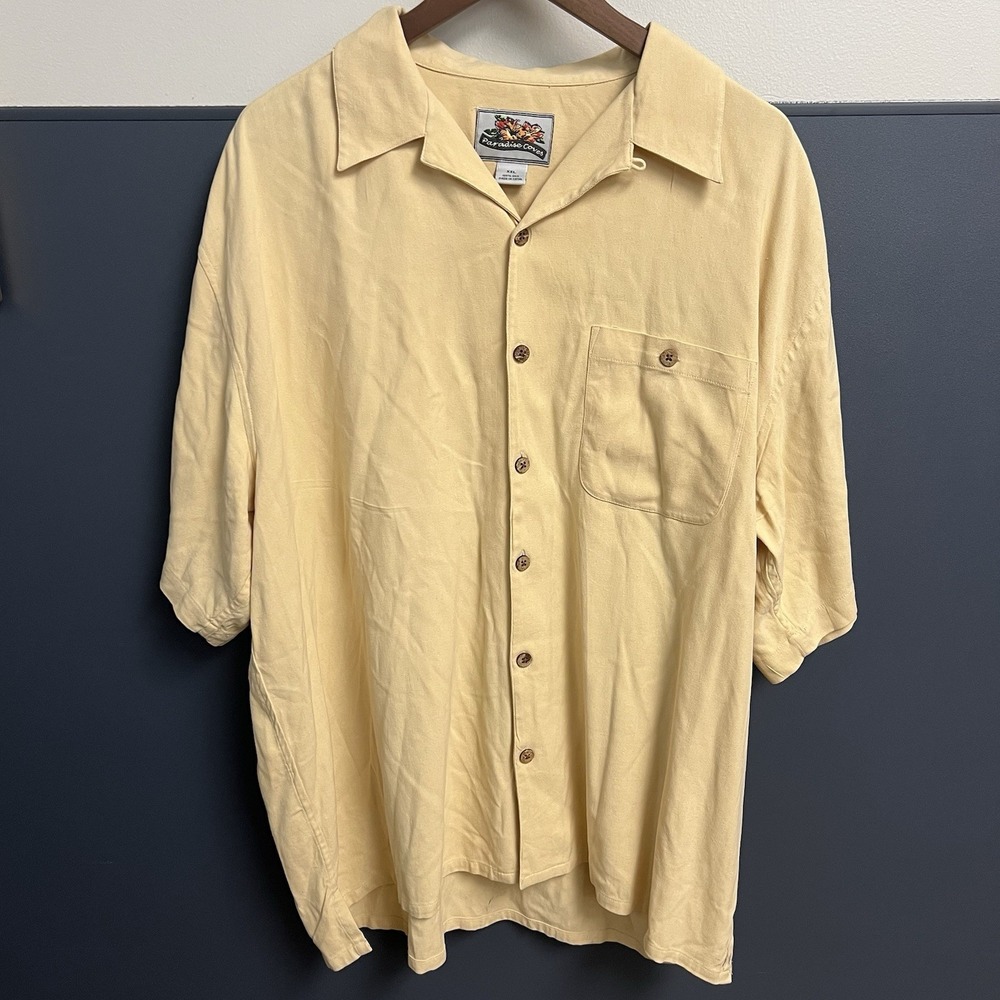 Paradise Coves Silk Shirt XXL Pale Yellow Wood Button Tropical Loop Collar Men's